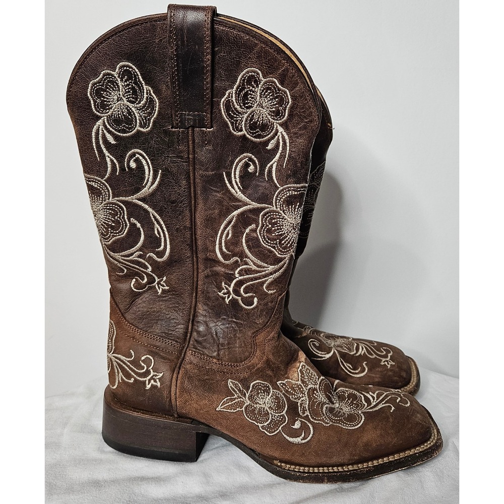 Shyanne Womens Brown Leather Floral Embroidered Square Toe Western Boots 8M Farm